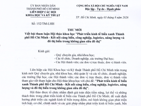 Mời viết bài tham luận Hội thảo khoa học “Phát triển kinh tế biển xanh Thành phố Hồ Chí Minh – Kết nối cảng biển, công nghiệp, logistics, năng lượng và đô thị biển trong không gian siêu đô thị”